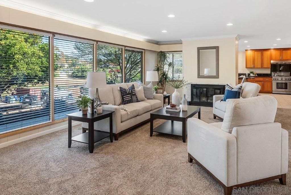 Fireplace, Interior, Kitchen, Living room, Recessed Lighting, Stainless Steel Appliances