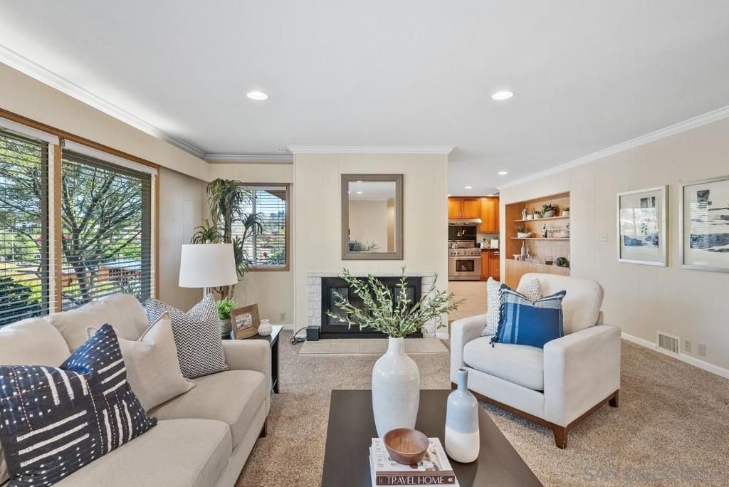 Fireplace, Interior, Kitchen, Living room, Recessed Lighting, Stainless Steel Appliances