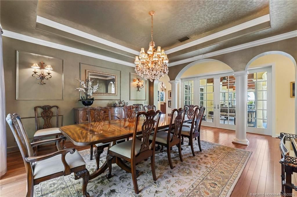 Chandelier, Dining room, Interior, Wood Texture Flooring