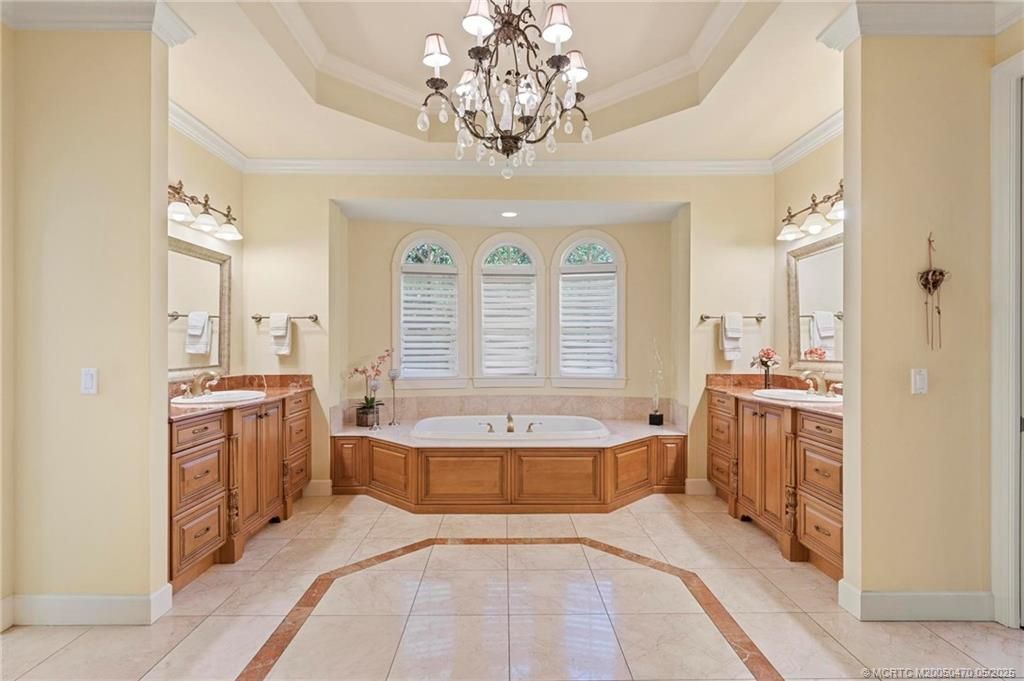 Bathroom, Chandelier, Dual Sink Vanities, Interior, Recessed Lighting