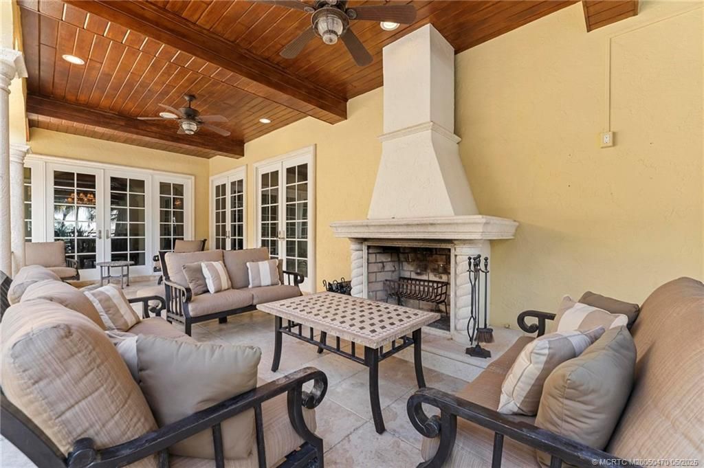 Fireplace, Interior, Living room, Recessed Lighting, Wooden Ceilings