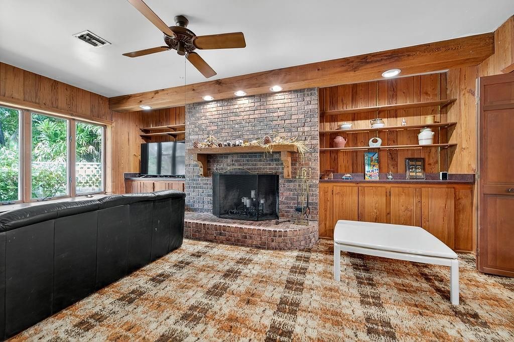 Fireplace, Interior, Recessed Lighting, Stone Walls, Wooden Walls