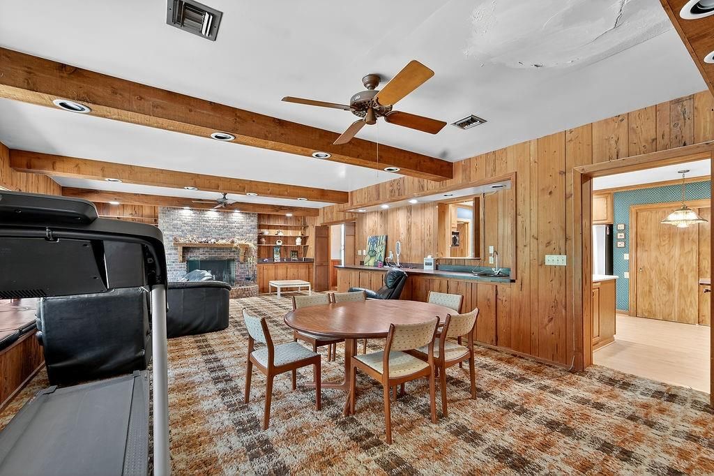 Dining room, Fireplace, Interior, Recessed Lighting, Stone Walls, Wooden Beams, Wooden Walls