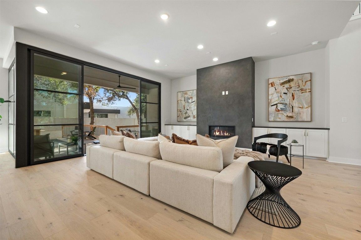 Fireplace, Interior, Living room, Recessed Lighting, Wood Texture Flooring