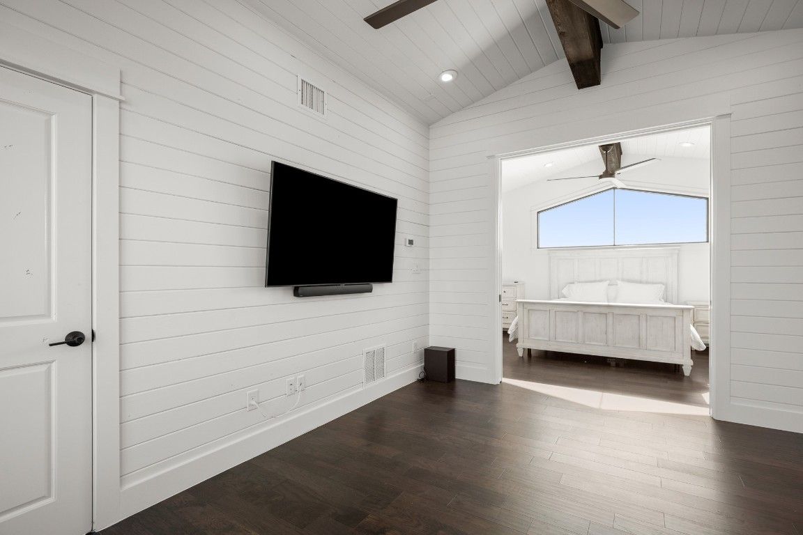 Bedroom, Interior, Recessed Lighting, Wooden Beams, Wood Texture Flooring