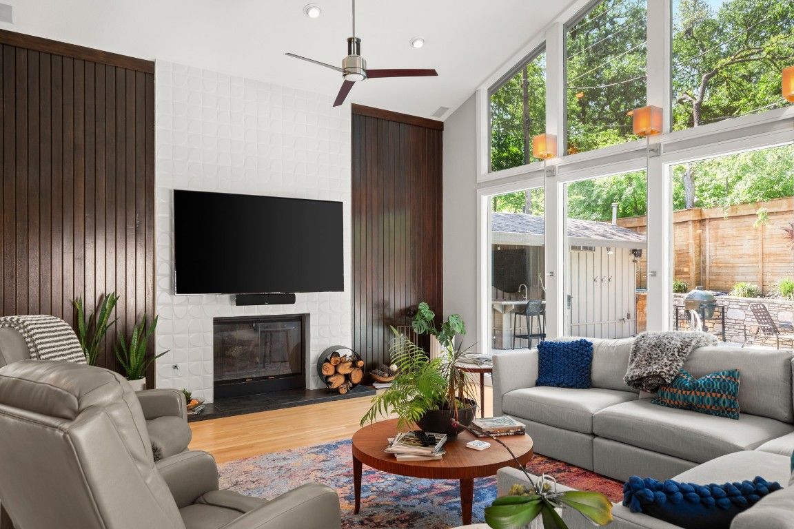 Fireplace, Interior, Living room, Recessed Lighting, Wood Texture Flooring