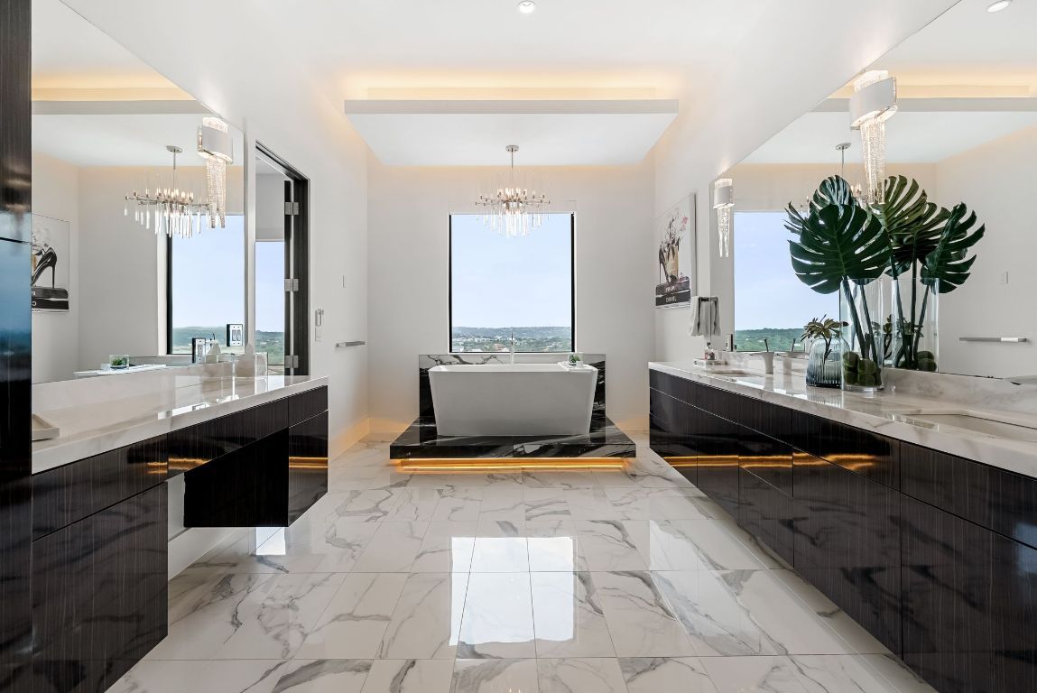 Bathroom, Chandelier, Free Standing Baths, Interior, Marble, Recessed Lighting, Water