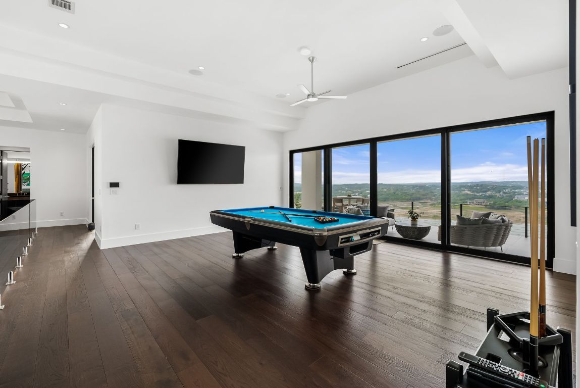 Billiard Table, Game Room, Interior, Recessed Lighting, Wood Texture Flooring