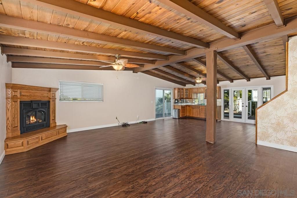 Empty room, Fireplace, Interior, Wooden Beams, Wooden Ceilings, Wood Texture Flooring