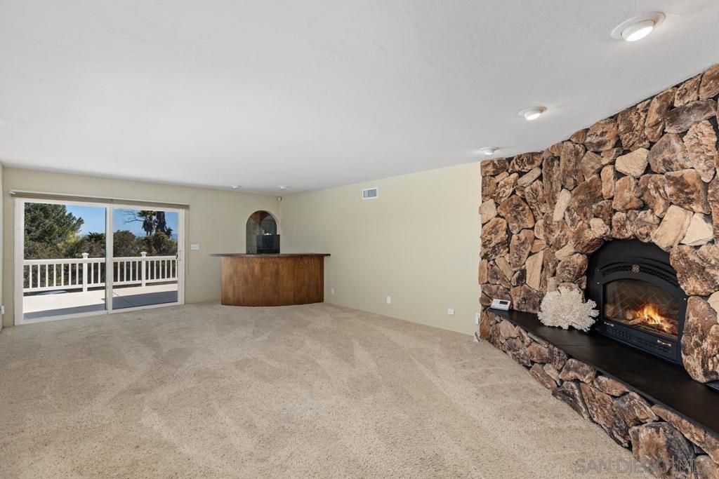 Empty room, Fireplace, Interior, Recessed Lighting, Stone Walls