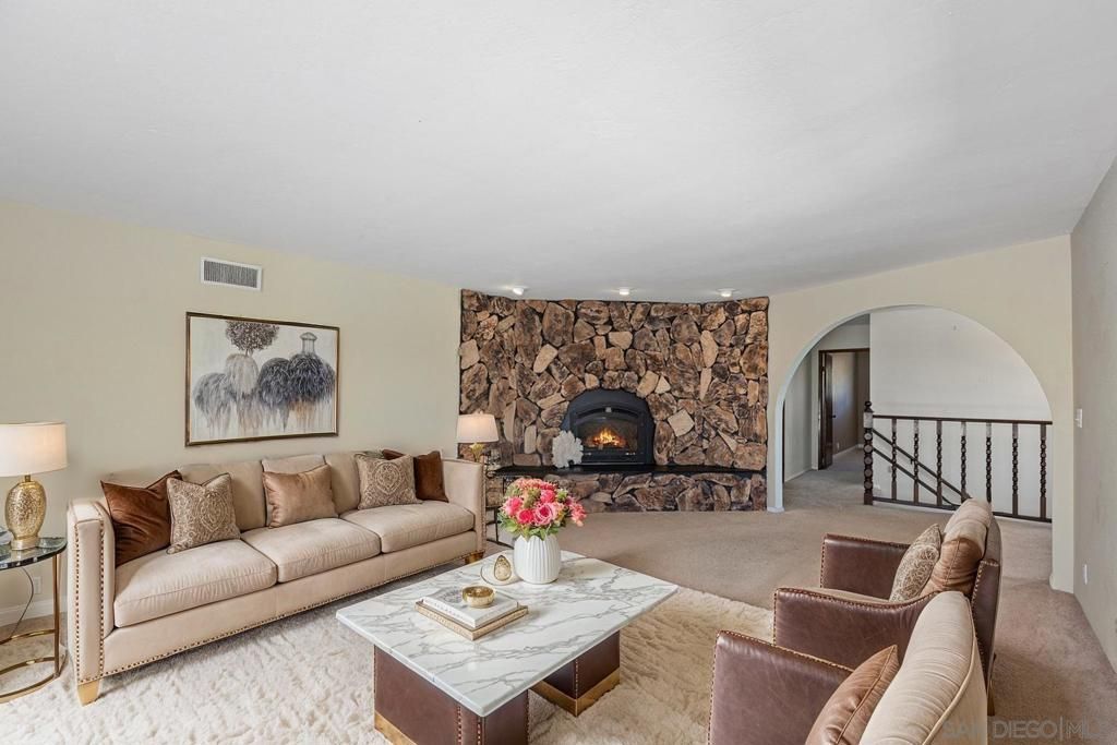 Fireplace, Interior, Living room, Recessed Lighting, Stone Walls