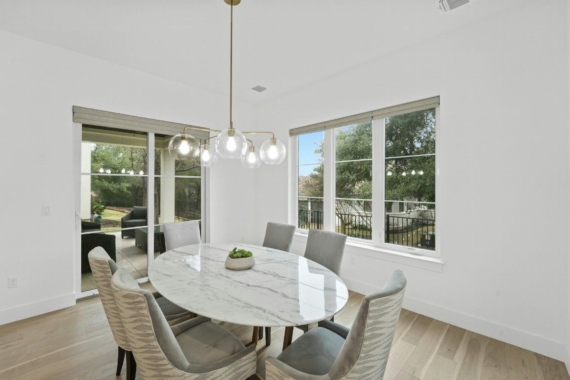 Dining room, Interior, Pendant Lights, Wood Texture Flooring