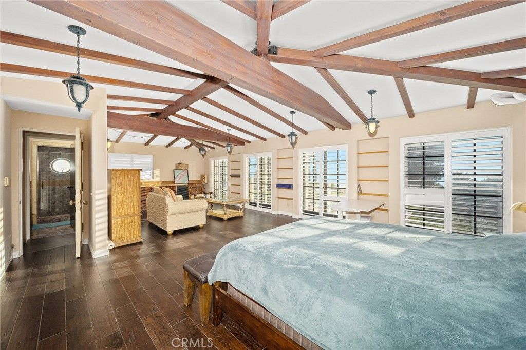 Bedroom, Interior, Pendant Lights, Wooden Beams, Wood Texture Flooring