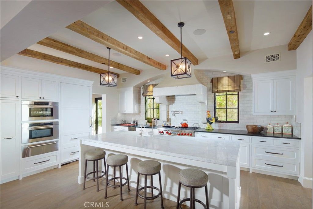 Interior, Kitchen, Pendant Lights, Recessed Lighting, Stainless Steel Appliances, Wooden Beams, Wood Texture Flooring