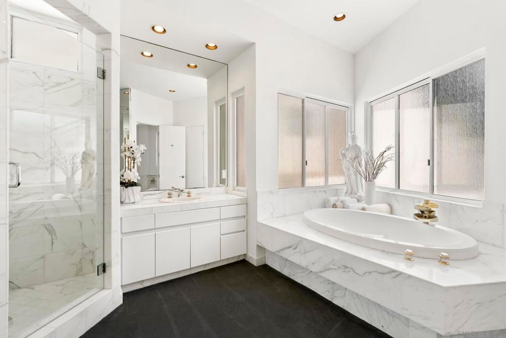 Bathroom, Dual Sink Vanities, Glass Shower, Interior, Marble Walls, Recessed Lighting