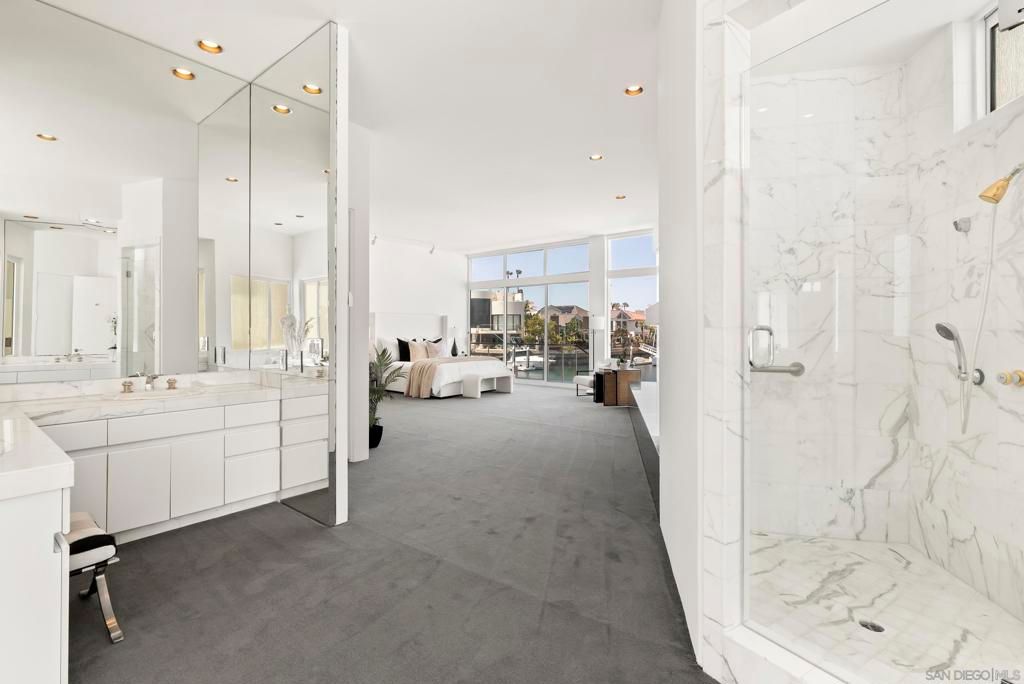 Bathroom, Bedroom, Dual Sink Vanities, Glass Shower, Interior, Marble, Marble Walls, Recessed Lighting