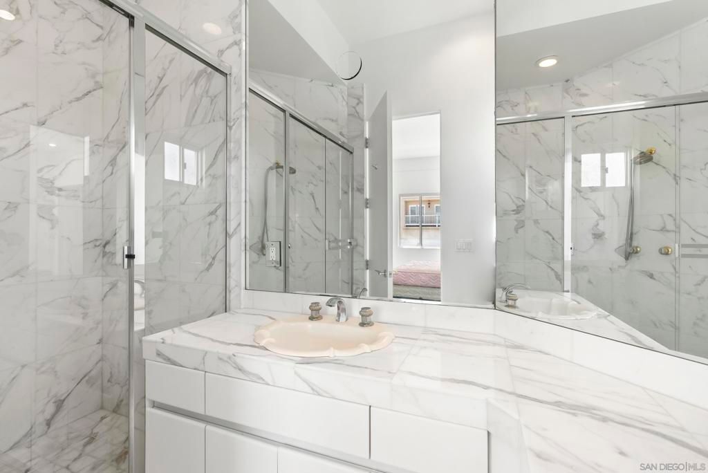 Bathroom, Glass Shower, Interior, Marble Walls, Recessed Lighting