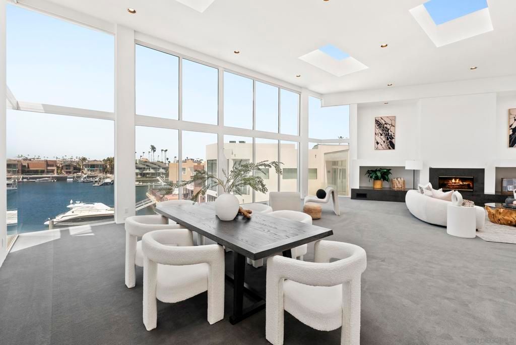 Dining room, Fireplace, Interior, Living room, Recessed Lighting, Water