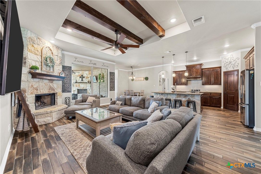 Fireplace, Interior, Kitchen, Living room, Pendant Lights, Recessed Lighting, Stone Walls, Wooden Beams, Wood Texture Flooring