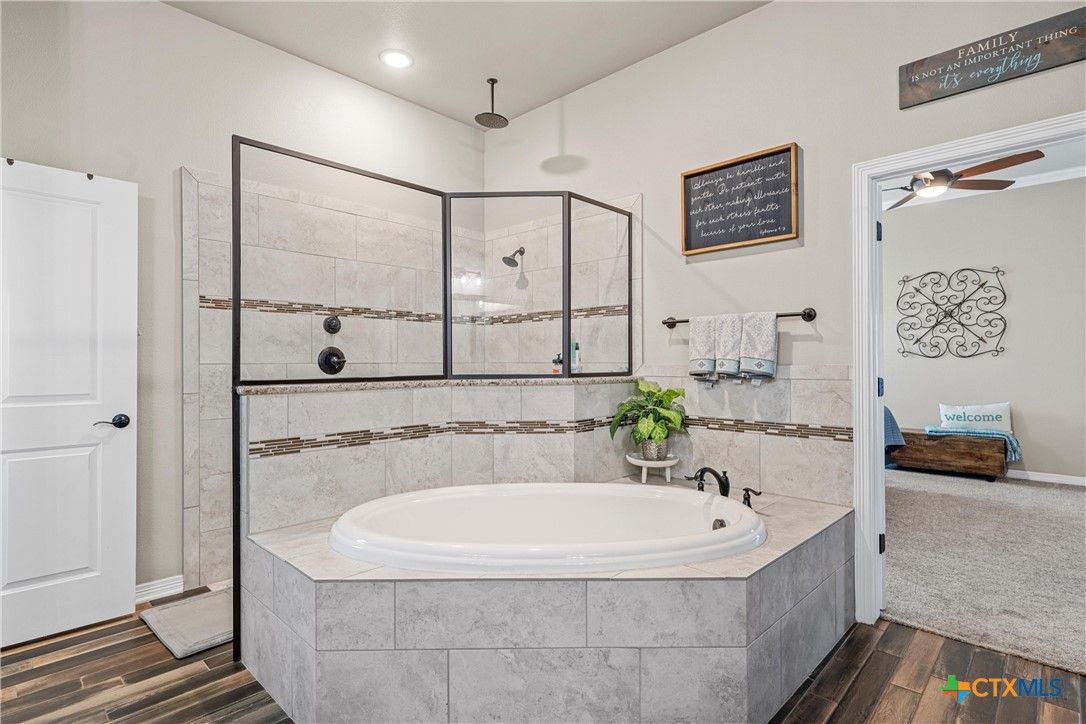 Bathroom, Glass Shower, Interior, Recessed Lighting, Wood Texture Flooring