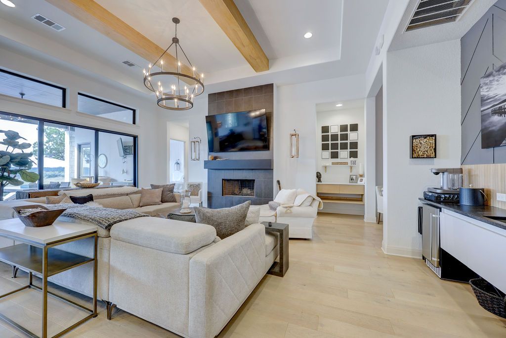 Fireplace, Interior, Living room, Pendant Lights, Recessed Lighting, Wooden Beams, Wood Texture Flooring