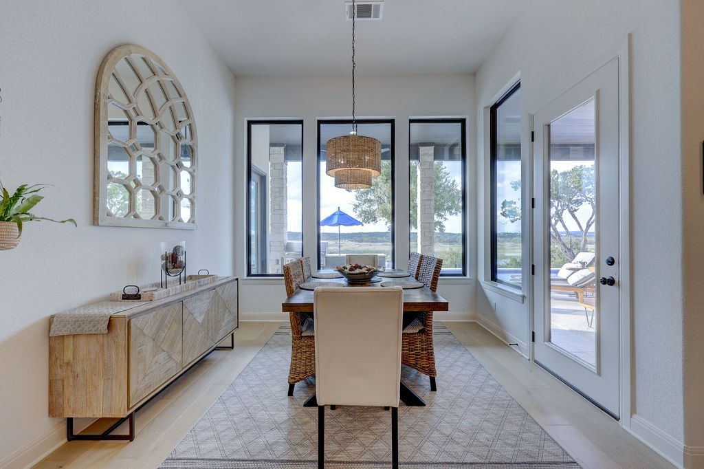 Dining room, Interior, Pendant Lights, Wood Texture Flooring