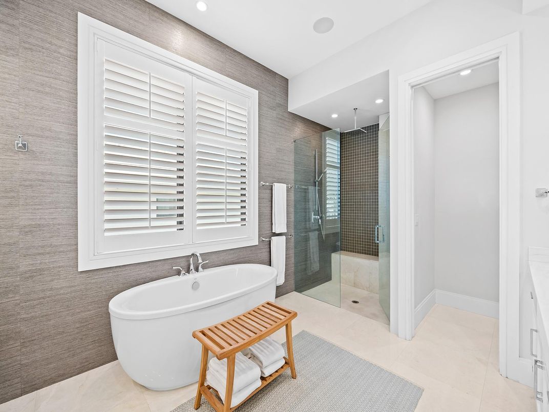 Bathroom, Free Standing Baths, Glass Shower, Interior, Recessed Lighting