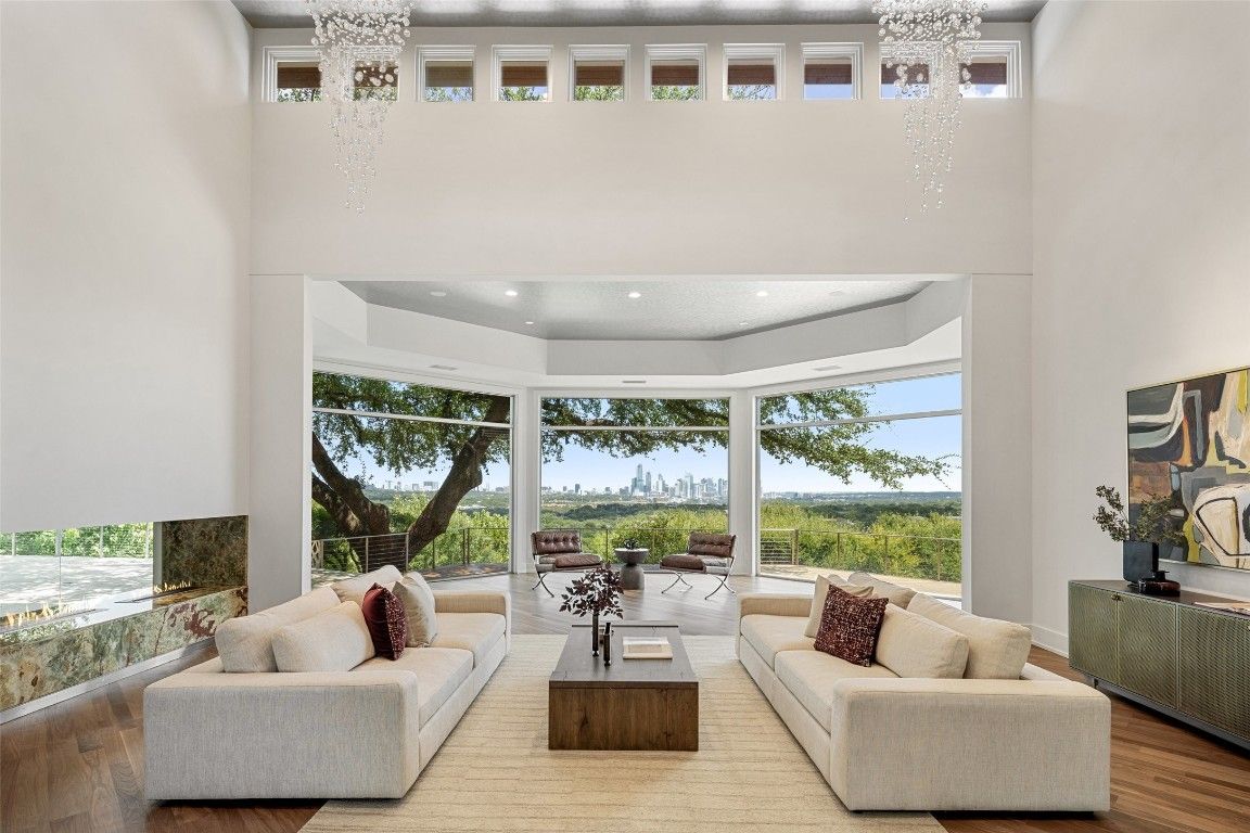 Chandelier, Interior, Living room, Recessed Lighting, Wood Texture Flooring