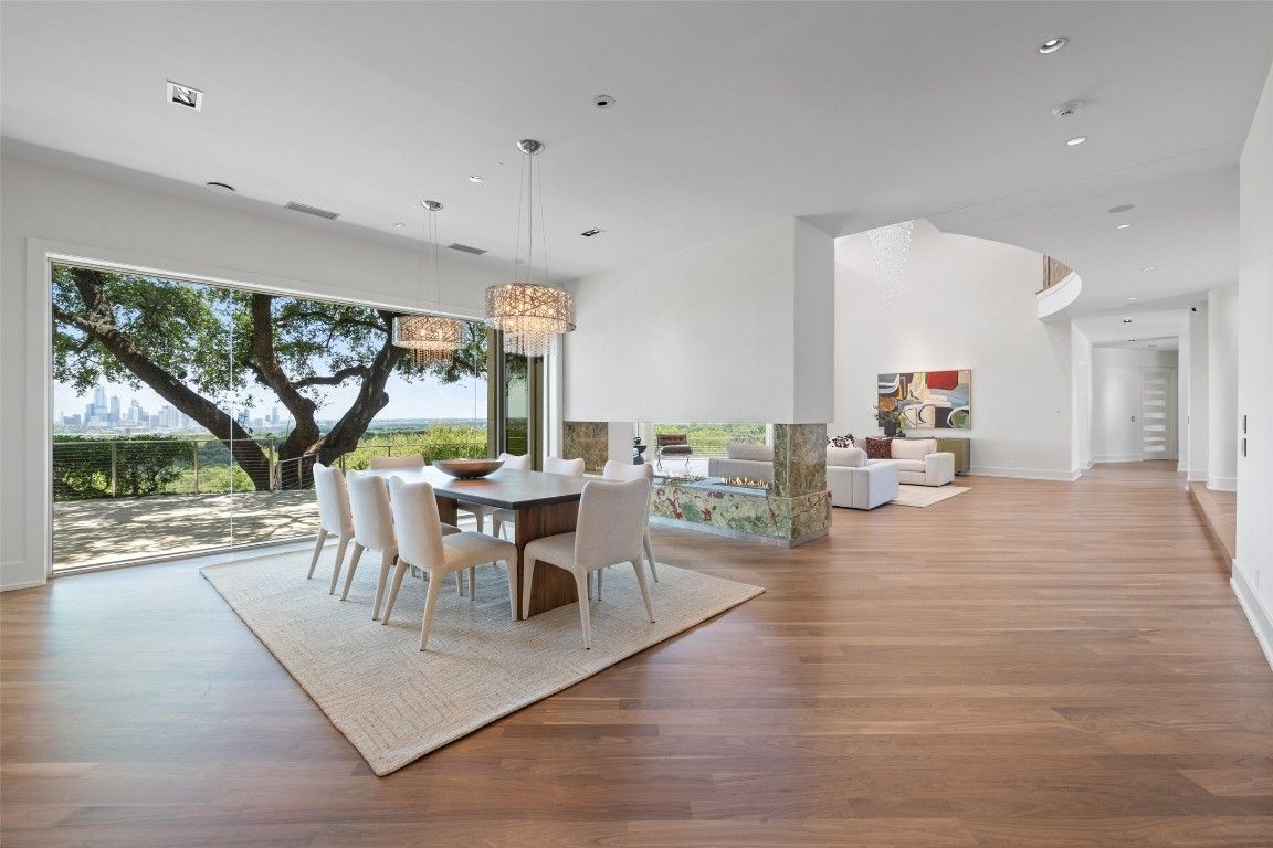 Chandelier, Dining room, Interior, Living room, Pendant Lights, Recessed Lighting, Wood Texture Flooring