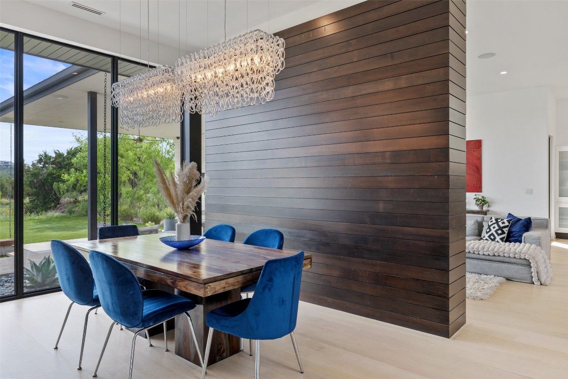 Chandelier, Dining room, Interior, Recessed Lighting, Wood Texture Flooring, Wooden Walls