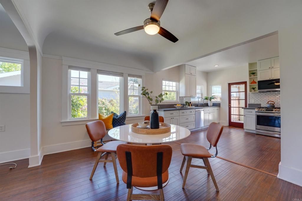 Dining room, Interior, Kitchen, Recessed Lighting, Stainless Steel Appliances, Wood Texture Flooring