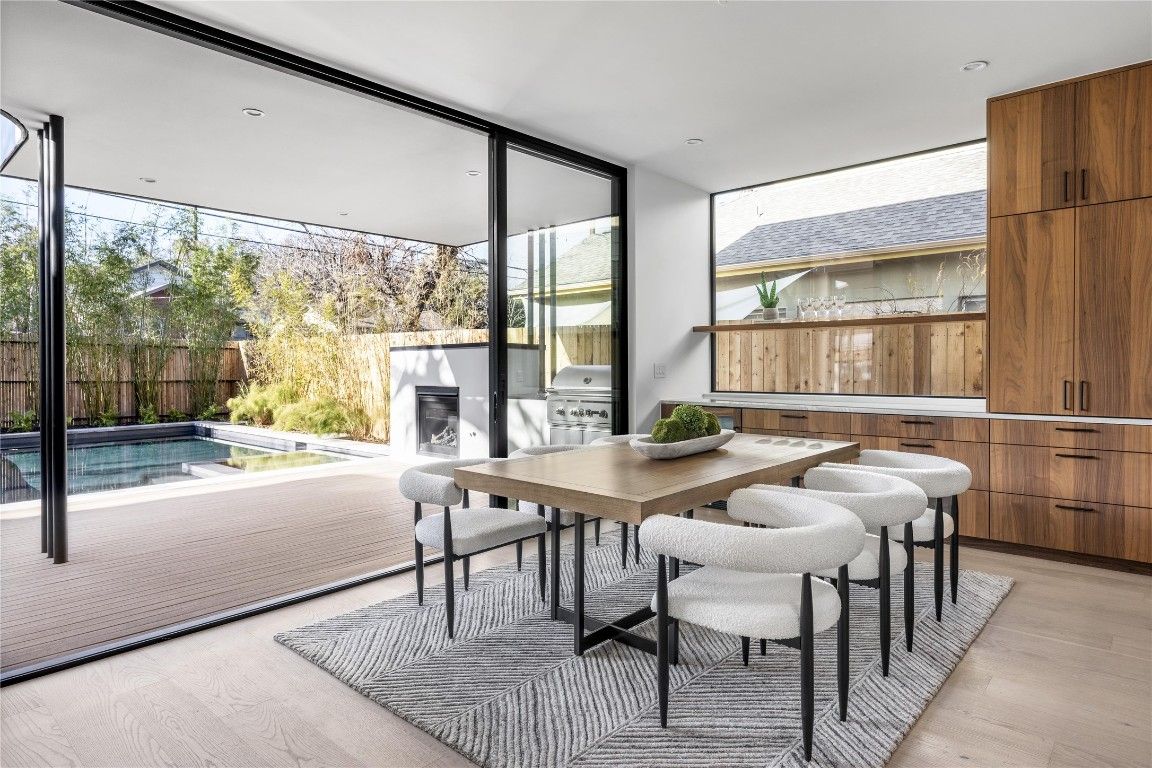 Dining room, Interior, Pool, Recessed Lighting, Wood Texture Flooring