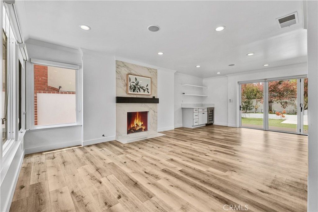 Empty room, Fireplace, Interior, Recessed Lighting, Wood Texture Flooring