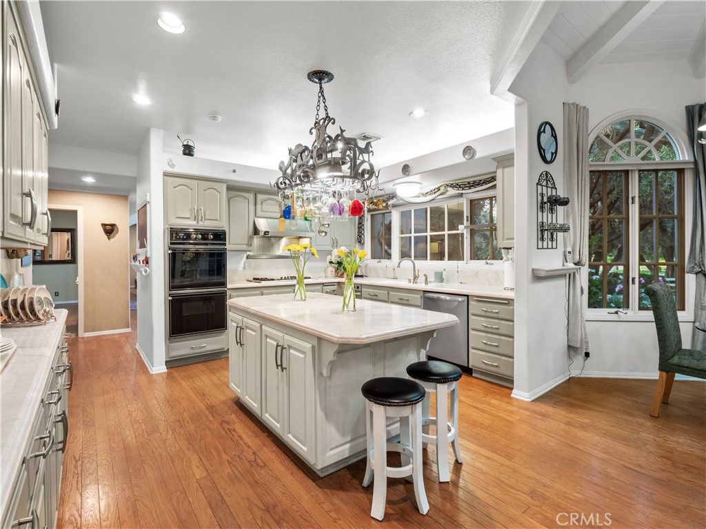 Chandelier, Interior, Kitchen, Recessed Lighting, Stainless Steel Appliances, Wood Texture Flooring