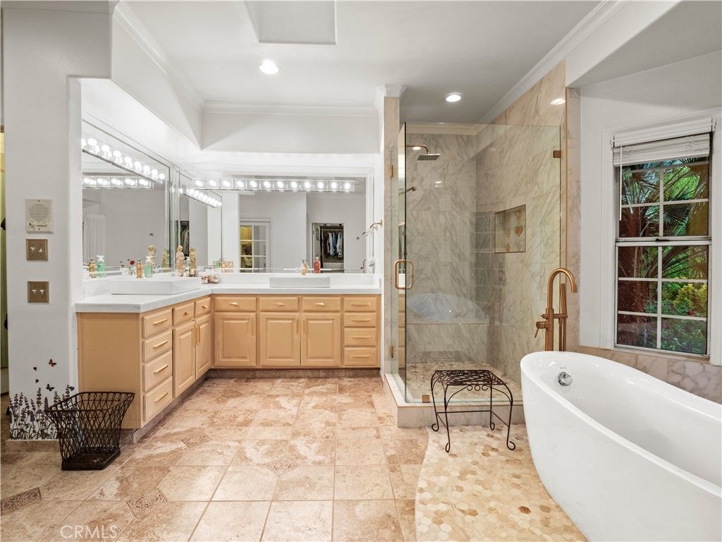 Bathroom, Dual Sink Vanities, Free Standing Baths, Glass Shower, Interior, Marble Walls, Recessed Lighting