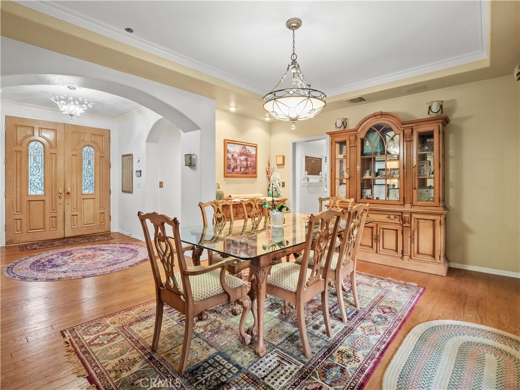 Chandelier, Dining room, Interior, Wood Texture Flooring