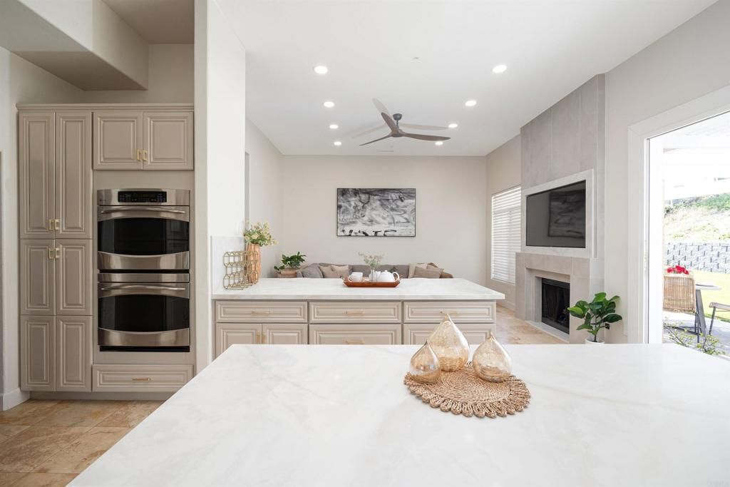 Fireplace, Interior, Kitchen, Recessed Lighting, Stainless Steel Appliances