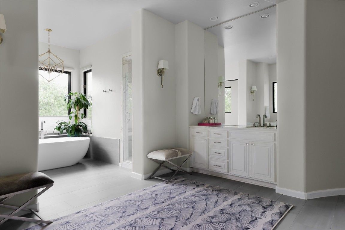 Bathroom, Dual Sink Vanities, Free Standing Baths, Interior, Pendant Lights, Wood Texture Flooring