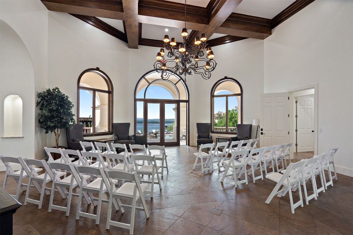 Chandelier, Dining room, Interior, Recessed Lighting, Water, Wooden Beams