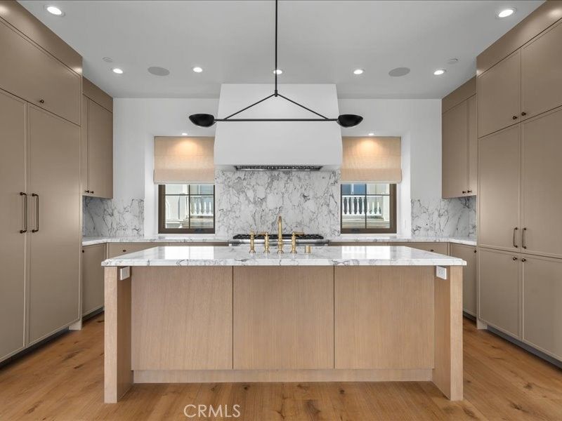 Interior, Kitchen, Marble Walls, Pendant Lights, Recessed Lighting, Wood Texture Flooring
