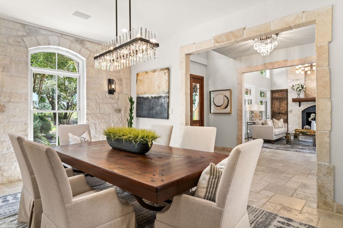 Chandelier, Dining room, Fireplace, Interior, Living room, Pendant Lights, Stone Walls