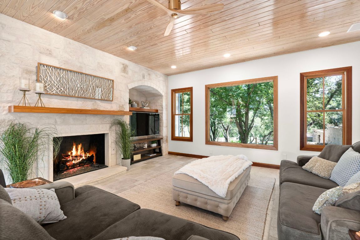 Fireplace, Interior, Living room, Recessed Lighting, Stone Walls, Wooden Ceilings
