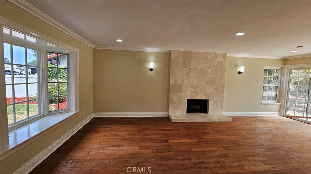 Empty room, Fireplace, Interior, Recessed Lighting, Wood Texture Flooring