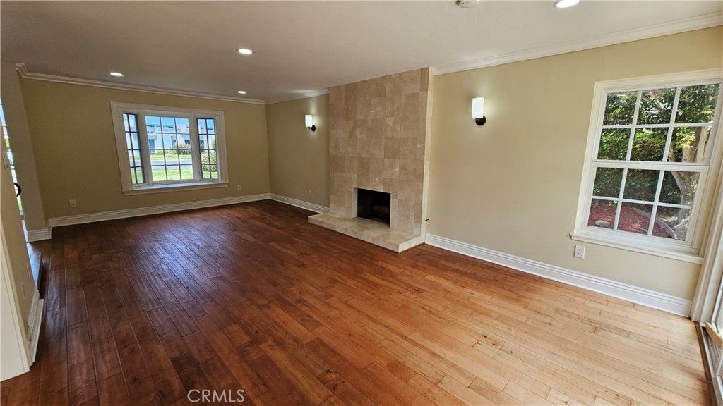 Empty room, Fireplace, Interior, Recessed Lighting, Wood Texture Flooring