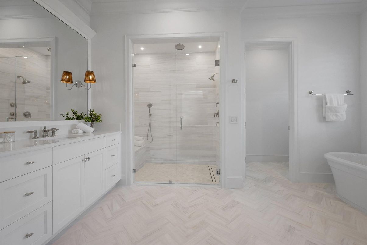 Bathroom, Dual Sink Vanities, Glass Shower, Interior, Recessed Lighting, Wood Texture Flooring