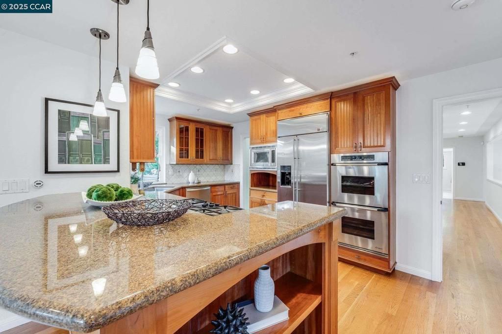 Interior, Kitchen, Pendant Lights, Recessed Lighting, Stainless Steel Appliances, Wood Texture Flooring