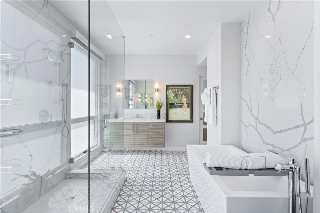 Bathroom, Dual Sink Vanities, Glass Shower, Interior, Marble Walls, Recessed Lighting