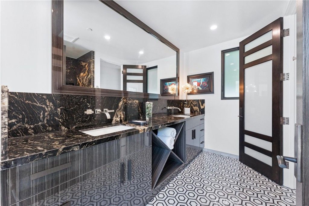 Bathroom, Dual Sink Vanities, Interior, Marble Walls, Recessed Lighting
