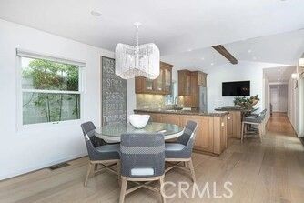 Chandelier, Dining room, Interior, Kitchen, Recessed Lighting, Wooden Beams, Wood Texture Flooring