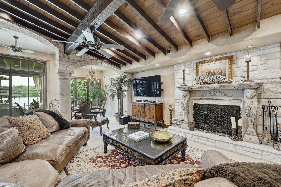 Fireplace, Interior, Living room, Recessed Lighting, Stone Walls, Wooden Beams, Wooden Ceilings